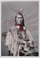 Wendy Red Star, 1880 Crow Peace Delegation: Peelatchiwaaxpáash/Medicine Crow (Raven), Peelatchixaaliash/Old Crow (Raven), Iichíilachkash/Long Elk, Déaxitchish/Pretty Eagle, Bia Eélisaash/Large Stomach Woman (Pregnant Woman) aka Two Belly, Alaxchiiaahush/Many War Achievements or Plenty Coups, aka Chíilaphuchissaaleesh/Buffalo Bull Facing The Wind, 2014, 10 inket prints and red ink on paper, Museum Purchase: Acquired with the assistance of The Ford Family Foundation and the Native American Art and Photography Funds, © Wendy Red Star, 2015.104.1a-j